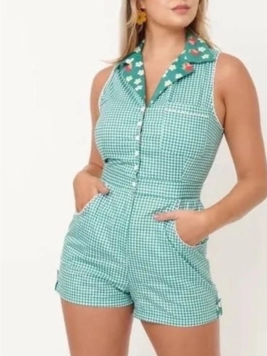 Unique Vintage Green Gingham Sleeveless Romper